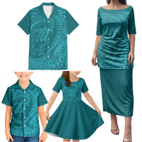 Hawaiian Turtle and Shark Family Matching Puletasi and Hawaiian Shirt Kakau Tribal with Polynesian Pattern Turquoise Color LT03 - Polynesian Pride