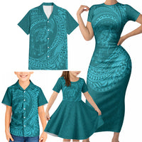 Hawaiian Turtle and Shark Family Matching Short Sleeve Bodycon Dress and Hawaiian Shirt Kakau Tribal with Polynesian Pattern Turquoise Color LT03 - Polynesian Pride