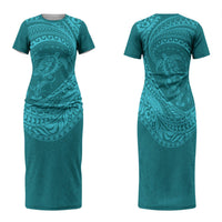 Hawaiian Turtle and Shark Family Matching Short Sleeve Bodycon Dress and Hawaiian Shirt Kakau Tribal with Polynesian Pattern Turquoise Color LT03 Mom's Dress Turquoise - Polynesian Pride