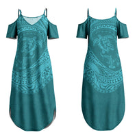 Hawaiian Turtle and Shark Family Matching Summer Maxi Dress and Hawaiian Shirt Kakau Tribal with Polynesian Pattern Turquoise Color LT03 Mom's Dress Turquoise - Polynesian Pride