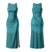 Hawaiian Turtle and Shark Family Matching Tank Maxi Dress and Hawaiian Shirt Kakau Tribal with Polynesian Pattern Turquoise Color LT03 Mom's Dress Turquoise - Polynesian Pride