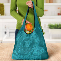Hawaiian Turtle and Shark Grocery Bag Kakau Tribal with Polynesian Pattern Turquoise Color LT03 - Polynesian Pride