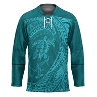 Hawaiian Turtle and Shark Hockey Jersey Kakau Tribal with Polynesian Pattern Turquoise Color LT03 Unisex Turquoise - Polynesian Pride