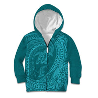 Hawaiian Turtle and Shark Kid Hoodie Kakau Tribal with Polynesian Pattern Turquoise Color LT03 Zip Hoodie Turquoise - Polynesian Pride