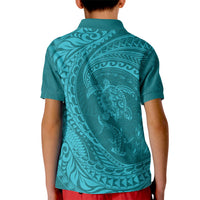 Hawaiian Turtle and Shark Kid Polo Shirt Kakau Tribal with Polynesian Pattern Turquoise Color LT03 - Polynesian Pride