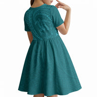 Hawaiian Turtle and Shark Kid Short Sleeve Dress Kakau Tribal with Polynesian Pattern Turquoise Color LT03 - Polynesian Pride
