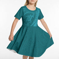 Hawaiian Turtle and Shark Kid Short Sleeve Dress Kakau Tribal with Polynesian Pattern Turquoise Color LT03 - Polynesian Pride