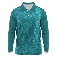 Hawaiian Turtle and Shark Long Sleeve Polo Shirt Kakau Tribal with Polynesian Pattern Turquoise Color LT03 Turquoise - Polynesian Pride