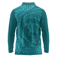 Hawaiian Turtle and Shark Long Sleeve Polo Shirt Kakau Tribal with Polynesian Pattern Turquoise Color LT03 - Polynesian Pride