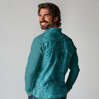 Hawaiian Turtle and Shark Long Sleeve Polo Shirt Kakau Tribal with Polynesian Pattern Turquoise Color LT03 - Polynesian Pride