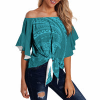 Hawaiian Turtle and Shark Off Shoulder Wrap Waist Top Kakau Tribal with Polynesian Pattern Turquoise Color LT03 Turquoise - Polynesian Pride