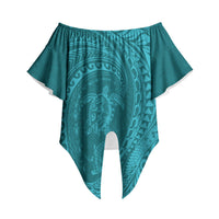 Hawaiian Turtle and Shark Off Shoulder Wrap Waist Top Kakau Tribal with Polynesian Pattern Turquoise Color LT03 - Polynesian Pride