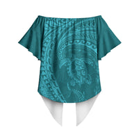 Hawaiian Turtle and Shark Off Shoulder Wrap Waist Top Kakau Tribal with Polynesian Pattern Turquoise Color LT03 - Polynesian Pride