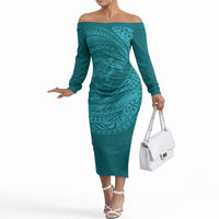Hawaiian Turtle and Shark Off The Shoulder Long Sleeve Dress Kakau Tribal with Polynesian Pattern Turquoise Color LT03 Women Turquoise - Polynesian Pride