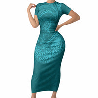 Hawaiian Turtle and Shark Short Sleeve Bodycon Dress Kakau Tribal with Polynesian Pattern Turquoise Color LT03 Long Dress Turquoise - Polynesian Pride