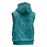 Hawaiian Turtle and Shark Sleeveless Zip Hoodie Kakau Tribal with Polynesian Pattern Turquoise Color LT03 - Polynesian Pride