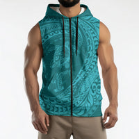 Hawaiian Turtle and Shark Sleeveless Zip Hoodie Kakau Tribal with Polynesian Pattern Turquoise Color LT03 - Polynesian Pride