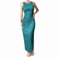 Hawaiian Turtle and Shark Tank Maxi Dress Kakau Tribal with Polynesian Pattern Turquoise Color LT03 Women Turquoise - Polynesian Pride