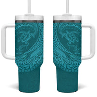 Hawaiian Turtle and Shark Tumbler With Handle Kakau Tribal with Polynesian Pattern Turquoise Color LT03 One Size: 40 oz Turquoise - Polynesian Pride