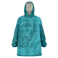 Hawaiian Turtle and Shark Wearable Blanket Hoodie Kakau Tribal with Polynesian Pattern Turquoise Color LT03 One Size Turquoise - Polynesian Pride