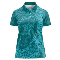 Hawaiian Turtle and Shark Women Polo Shirt Kakau Tribal with Polynesian Pattern Turquoise Color LT03 Female Turquoise - Polynesian Pride
