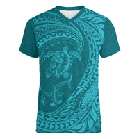 Hawaiian Turtle and Shark Women V-Neck T-Shirt Kakau Tribal with Polynesian Pattern Turquoise Color LT03 Female Turquoise - Polynesian Pride