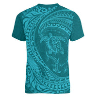 Hawaiian Turtle and Shark Women V-Neck T-Shirt Kakau Tribal with Polynesian Pattern Turquoise Color LT03 - Polynesian Pride