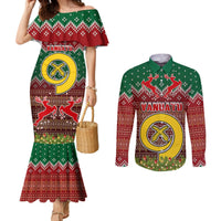 Vanuatu Christmas Couples Matching Mermaid Dress and Long Sleeve Button Shirts Pig Tusk Beautiful Merry Xmas Snowflake LT03 Red - Polynesian Pride