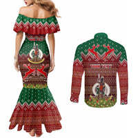 Personalised Vanuatu Christmas Couples Matching Mermaid Dress and Long Sleeve Button Shirts Pig Tusk Beautiful Merry Xmas Snowflake LT03 - Polynesian Pride