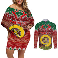 Personalised Vanuatu Christmas Couples Matching Off Shoulder Short Dress and Long Sleeve Button Shirts Pig Tusk Beautiful Merry Xmas Snowflake LT03 Red - Polynesian Pride