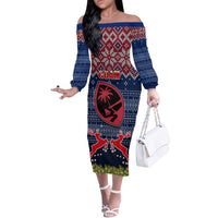 Guam Christmas Off The Shoulder Long Sleeve Dress Chamorro Guam Tattoos Beautiful Merry Xmas Snowflake LT03 Women Blue - Polynesian Pride