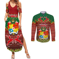 Personalised Tonga Christmas Couples Matching Summer Maxi Dress and Long Sleeve Button Shirts Coat of Arms and Map Beautiful Merry Xmas Snowflake LT03 Red - Polynesian Pride