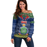 Niue Christmas Off Shoulder Sweater Coat of Arms and Map Beautiful Merry Xmas Snowflake LT03 Women Blue - Polynesian Pride
