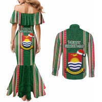 Kiribati Christmas Couples Matching Mermaid Dress and Long Sleeve Button Shirts Santa With Gift Bag Behind Ribbons Seamless Green Maori LT03 - Polynesian Pride