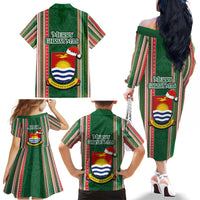 Kiribati Christmas Family Matching Off Shoulder Long Sleeve Dress and Hawaiian Shirt Santa With Gift Bag Behind Ribbons Seamless Green Maori LT03 - Polynesian Pride