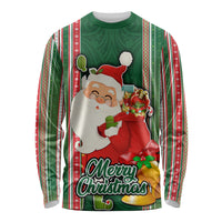 Custom Kiribati Christmas Long Sleeve Shirt Santa With Gift Bag Behind Ribbons Seamless Green Maori LT03 Unisex Green - Polynesian Pride