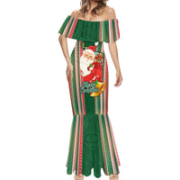 Custom Kiribati Christmas Mermaid Dress Santa With Gift Bag Behind Ribbons Seamless Green Maori LT03 - Polynesian Pride