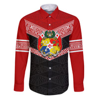 Tonga Family Matching Summer Maxi Dress and Hawaiian Shirt Tonga Coat of Arms with Seamless Tapa Ngatu Pattern LT03 Dad's Shirt - Long Sleeve Black - Polynesian Pride