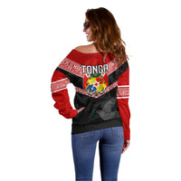 Tonga Off Shoulder Sweater Tonga Coat of Arms with Seamless Tapa Ngatu Pattern LT03 - Polynesian Pride