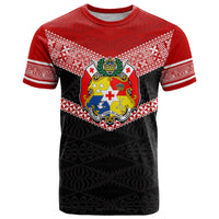 Tonga T Shirt Tonga Coat of Arms with Seamless Tapa Ngatu Pattern LT03 Black - Polynesian Pride