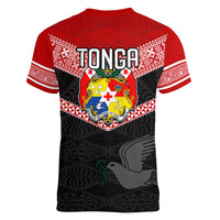 Tonga Women V Neck T Shirt Tonga Coat of Arms with Seamless Tapa Ngatu Pattern LT03 - Polynesian Pride