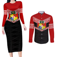Personalised Tonga Couples Matching Long Sleeve Bodycon Dress and Long Sleeve Button Shirts Tonga Coat of Arms with Seamless Tapa Ngatu Pattern LT03 Black - Polynesian Pride