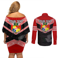 Personalised Tonga Couples Matching Off Shoulder Short Dress and Long Sleeve Button Shirts Tonga Coat of Arms with Seamless Tapa Ngatu Pattern LT03 - Polynesian Pride