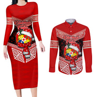 Tonga Christmas Couples Matching Long Sleeve Bodycon Dress and Long Sleeve Button Shirts Tongan Coat of Arms Santa With Ngatu Pattern Christmas Red Style LT03 Red - Polynesian Pride