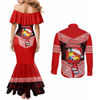 Tonga Christmas Couples Matching Mermaid Dress and Long Sleeve Button Shirts Tongan Coat of Arms Santa With Ngatu Pattern Christmas Red Style LT03 - Polynesian Pride