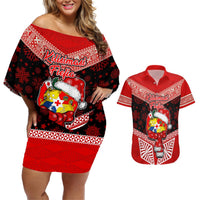 Tonga Christmas Couples Matching Off Shoulder Short Dress and Hawaiian Shirt Tongan Coat of Arms Santa With Ngatu Pattern Christmas Red Style LT03 Red - Polynesian Pride
