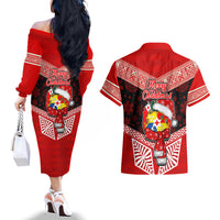 Tonga Christmas Couples Matching Off The Shoulder Long Sleeve Dress and Hawaiian Shirt Tongan Coat of Arms Santa With Ngatu Pattern Christmas Red Style LT03 - Polynesian Pride
