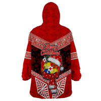 Tonga Christmas Wearable Blanket Hoodie Tongan Coat of Arms Santa With Ngatu Pattern Christmas Red Style LT03 - Polynesian Pride