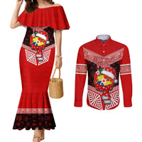 Personalised Tonga Christmas Couples Matching Mermaid Dress and Long Sleeve Button Shirts Tongan Coat of Arms Santa With Ngatu Pattern Christmas Red Style LT03 Red - Polynesian Pride