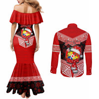 Personalised Tonga Christmas Couples Matching Mermaid Dress and Long Sleeve Button Shirts Tongan Coat of Arms Santa With Ngatu Pattern Christmas Red Style LT03 - Polynesian Pride
